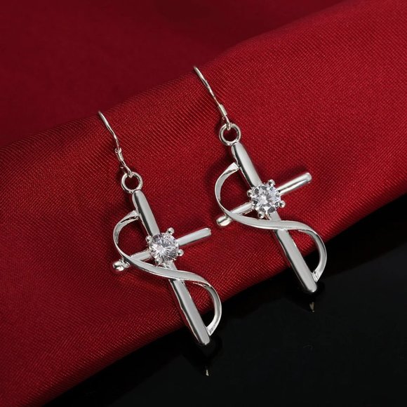 Beautiful Crystal Cross Hanging Earring's Solid 925 Sterling Silver - Picture 6 of 8
